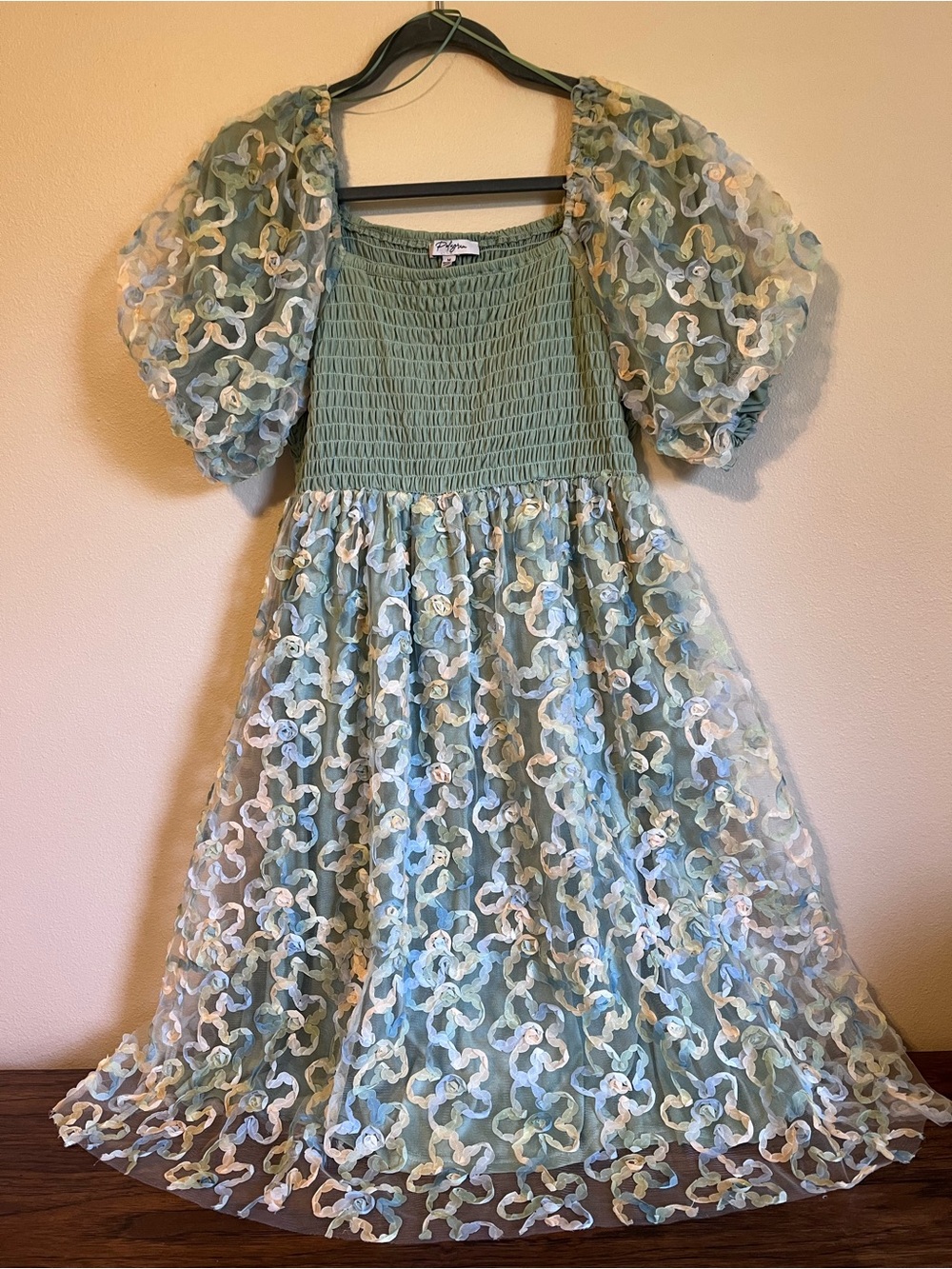 Polagram Sage Green Puff-Sleeve Midi Dress with Cream Floral Appliqué